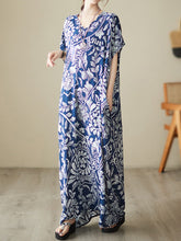 Printed Loose Short Sleeves V-Neck Maxi Dresses